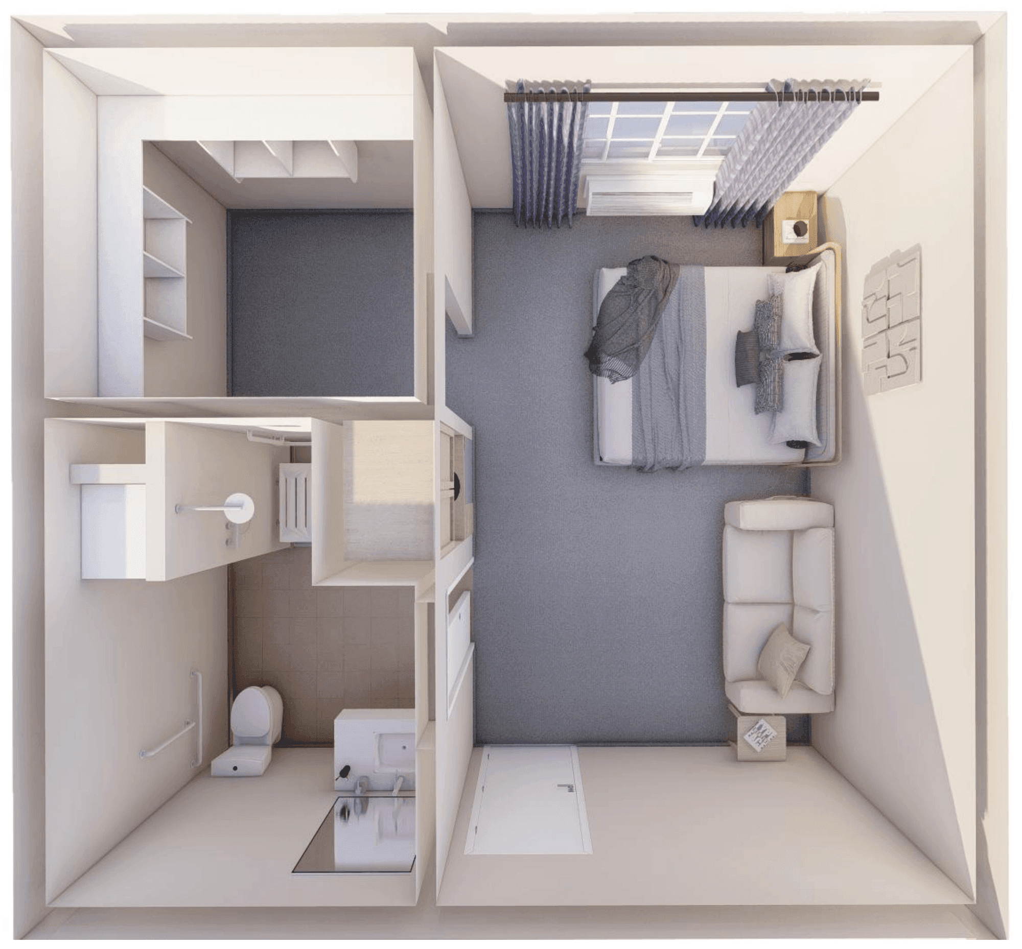 Floor plan of the Assisted Living Studio: bedroom with sitting area and closet at the entry, en-suite bathroom with curbless shower