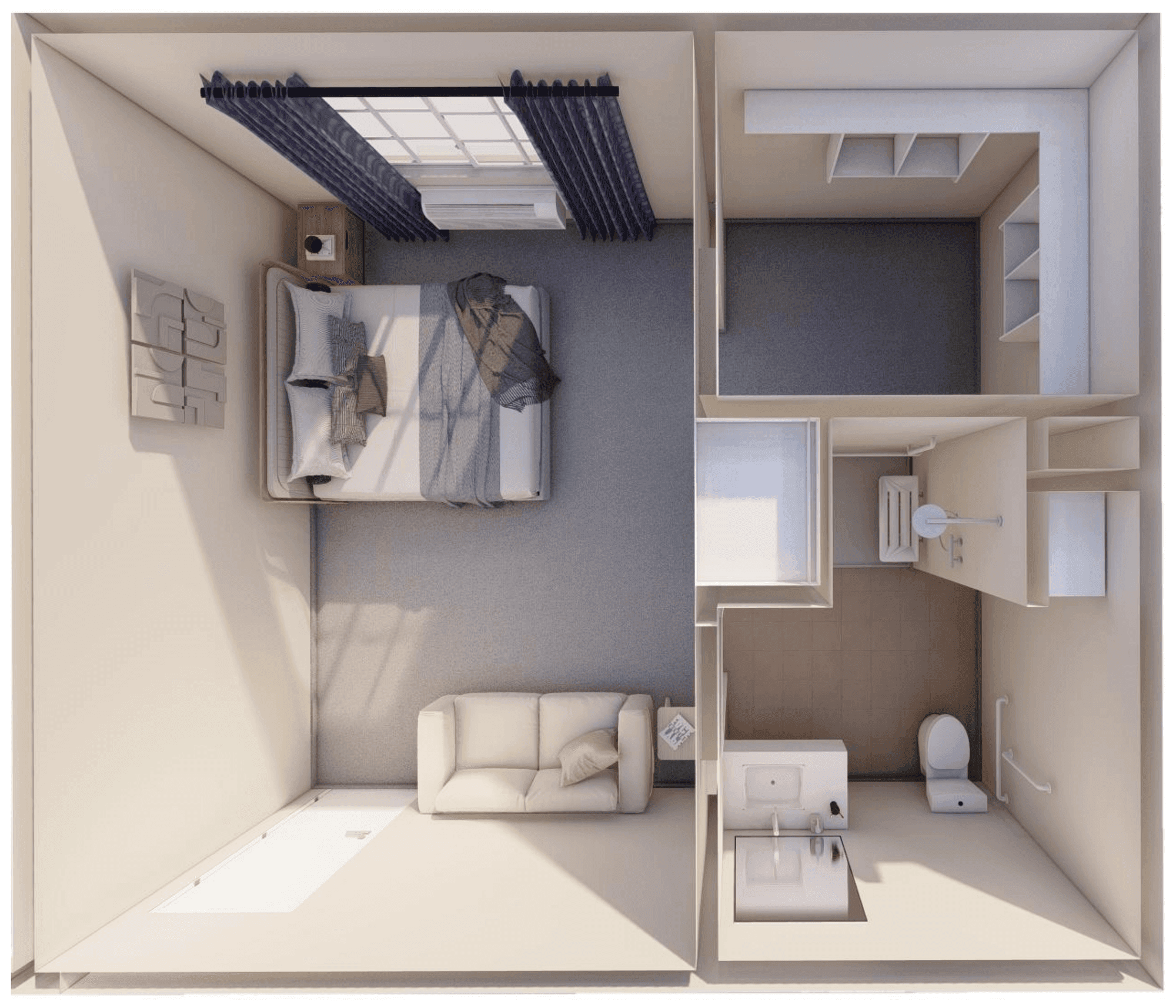 Floor plan of the Memory Care Studio: private bedroom with closet, en-suite bathroom with curbless shower