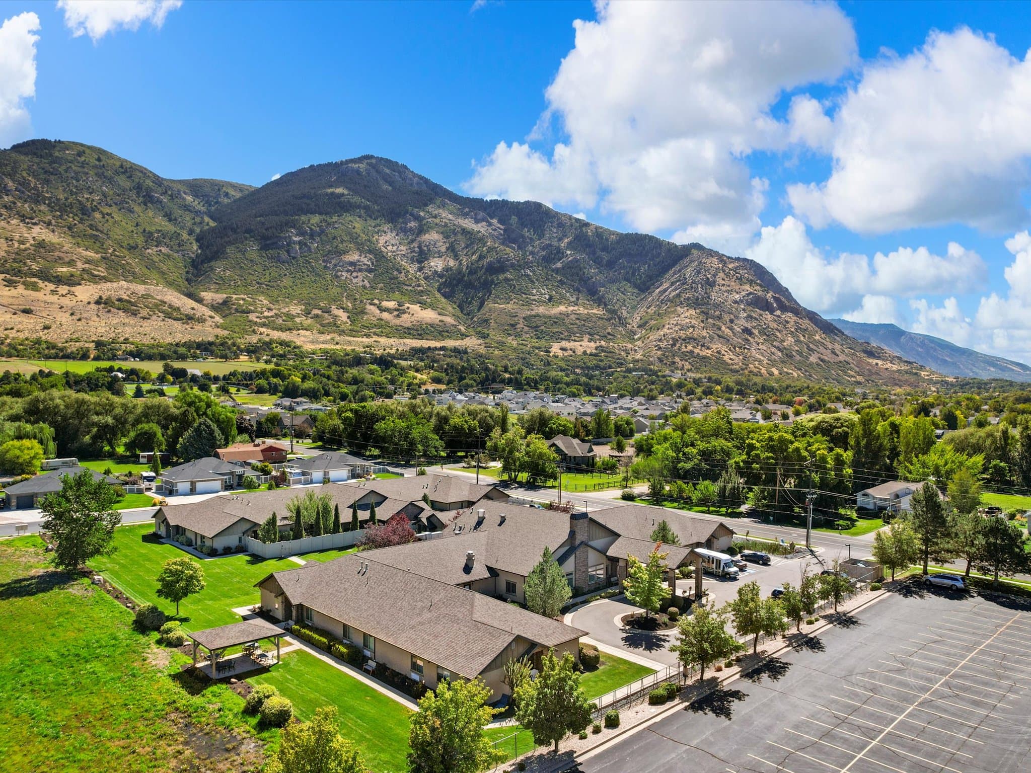 Aerial view of the community with the mountains and valley in the background